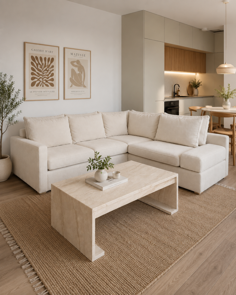Nowoczesny salon w stylu soft minimalism z jasnym narożnikiem modułowym, stolikiem kawowym z kamienia i otwartą strefą dzienną połączoną z kuchnią.