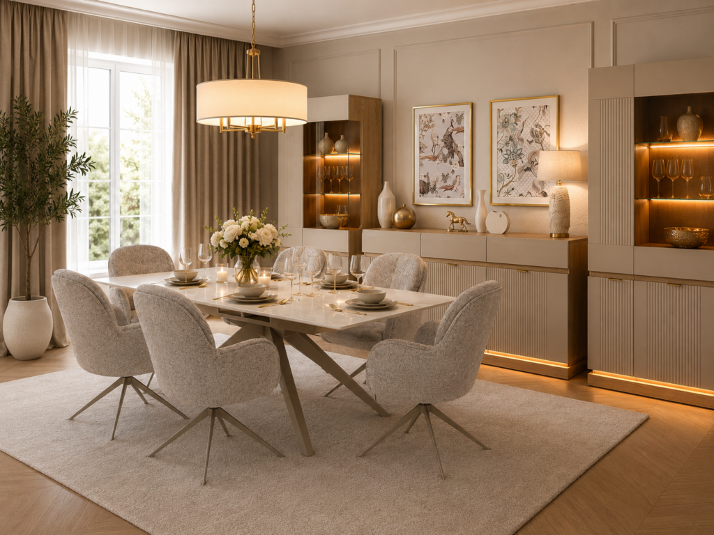 Elegancka jadalnia z tapicerowanymi krzesłami i nowoczesnym stołem w salonie MEBEL LUX Stylowe Wnętrza Oświęcim
