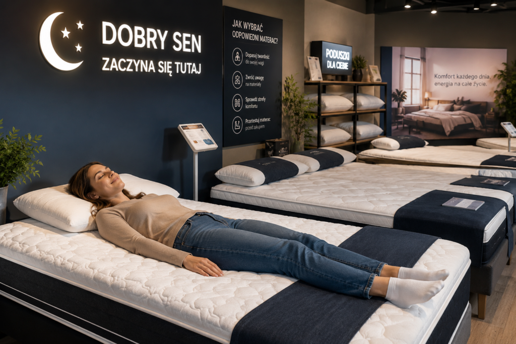 Klient testujący materac w salonie meblowym