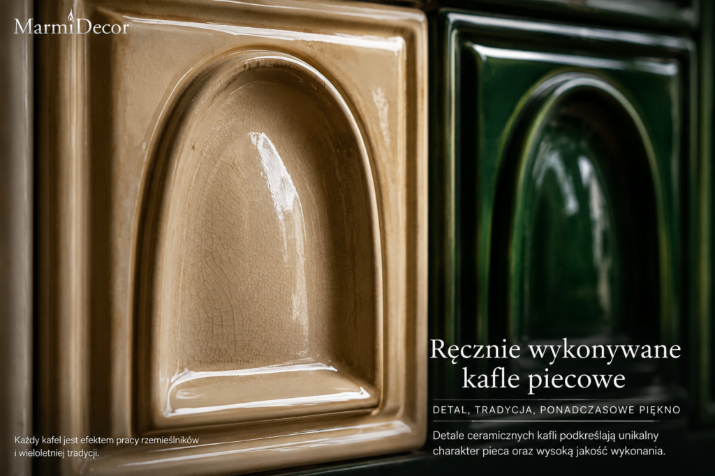 Zbliżenie na szkliwione ceramiczne kafle pieca kaflowego