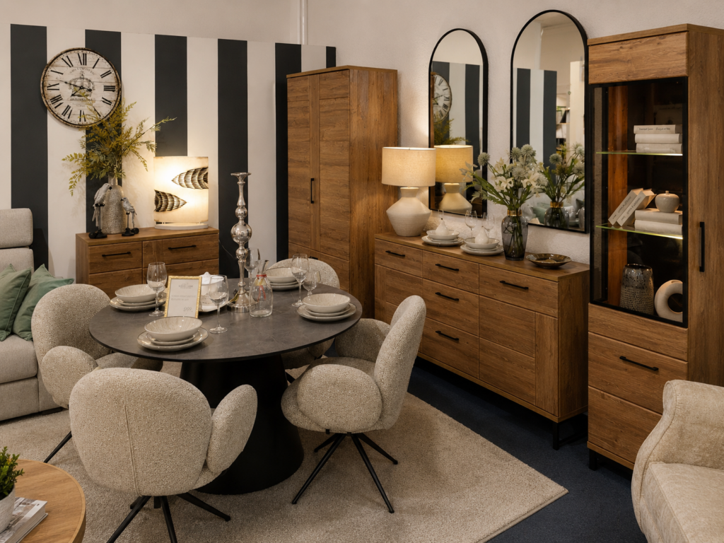 Eleganckie meble do jadalni i salonu w kolorze orzecha z witryną, komodą i stołem dostępne w Mebel Lux Oświęcim