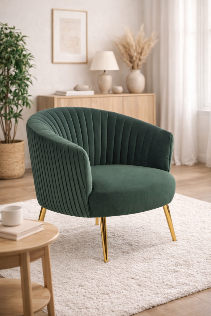 Zielony fotel CROWN z welurową tapicerką i złotymi nogami w eleganckim salonie

OPIS: