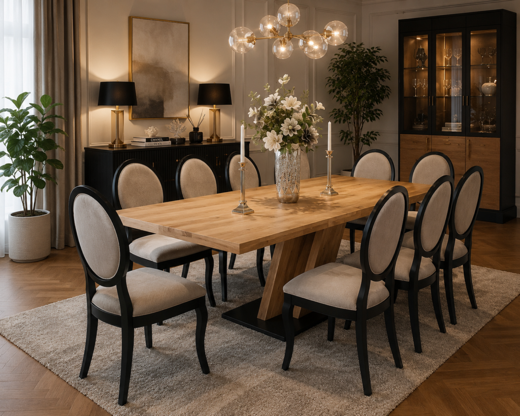 Stylowa jadalnia z dużym drewnianym stołem i eleganckimi tapicerowanymi krzesłami w salonie Mebel Lux Oświęcim