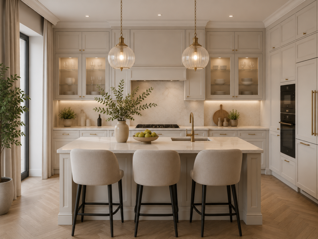 Elegancka kuchnia z wyspą w jasnych kolorach – inspiracja wnętrzarska Mebel Lux Oświęcim