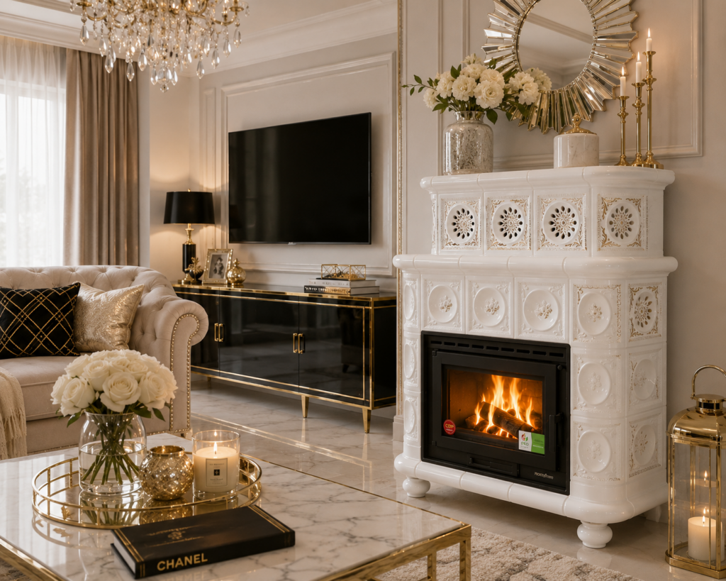 Luksusowy salon z białym piecem kaflowym, eleganckimi meblami i złotymi dodatkami w aranżacji MEBEL LUX Stylowe Wnętrza Oświęcim