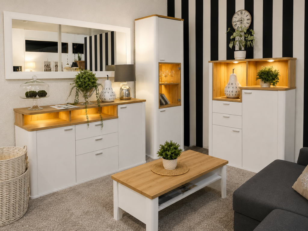 Kolekcja mebli KAIRO w salonie Mebel Lux Stylowe Wnętrza w Oświęcimiu – białe meble z drewnianymi akcentami
