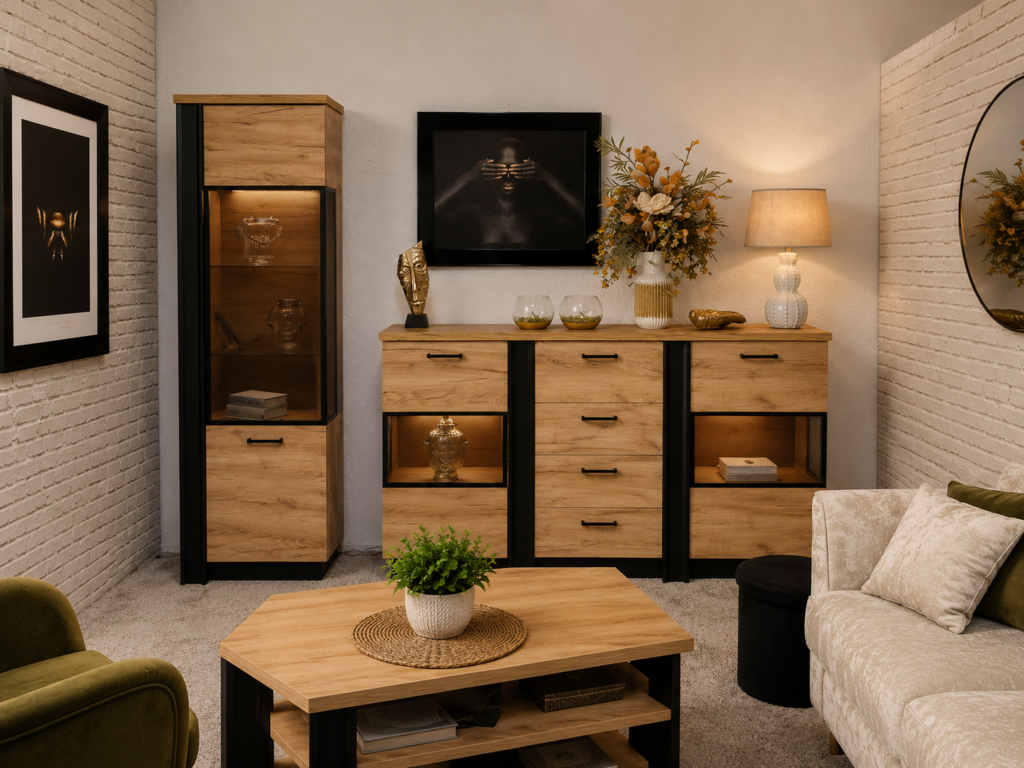 Nowoczesne meble do salonu w stylu loftowym z witryną, komodą i stolikiem kawowym w salonie Mebel Lux Oświęcim