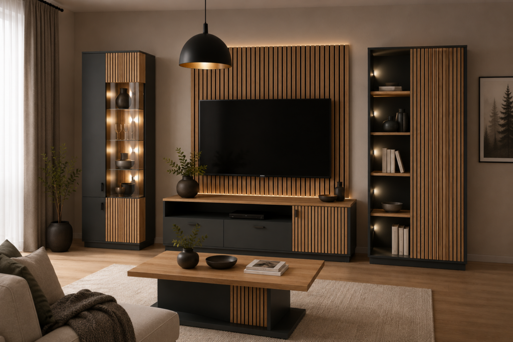 Meble systemowe FOREST w nowoczesnym salonie – aranżacja antracyt i dąb Artisan Mebel Lux Oświęcim