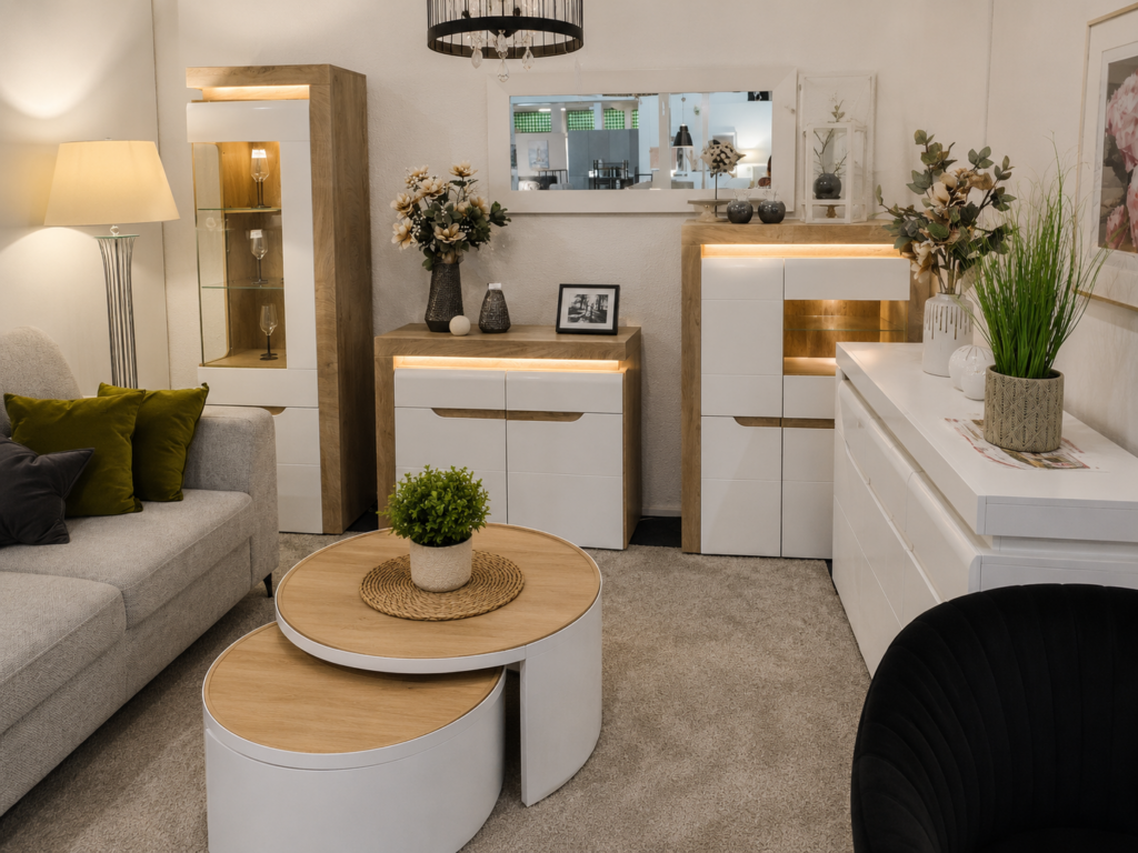 Kolekcja mebli IRMA w salonie Mebel Lux Oświęcim – nowoczesne meble do salonu w bieli i dekorze dębowym