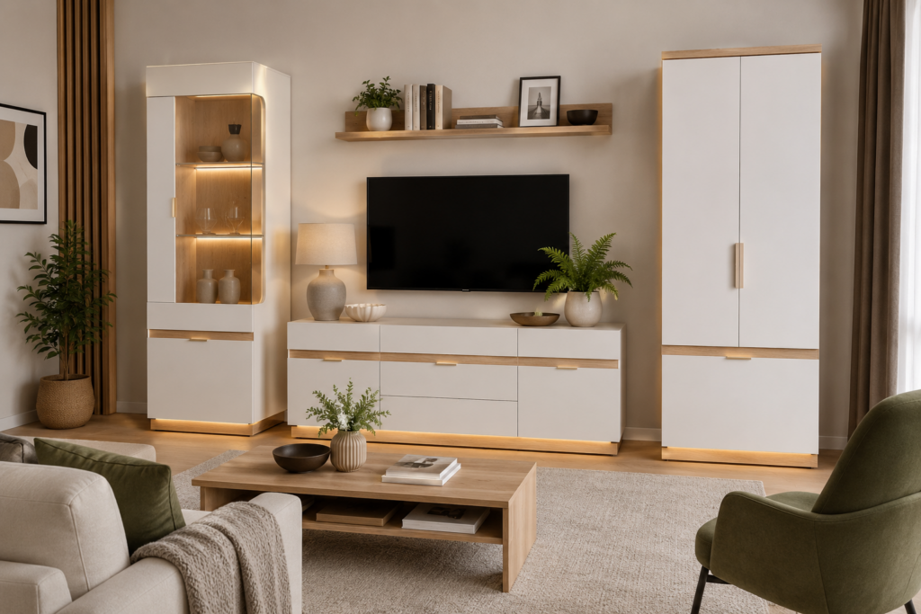 Meble systemowe MILTON w nowoczesnym salonie – elegancka aranżacja Mebel Lux Oświęcim