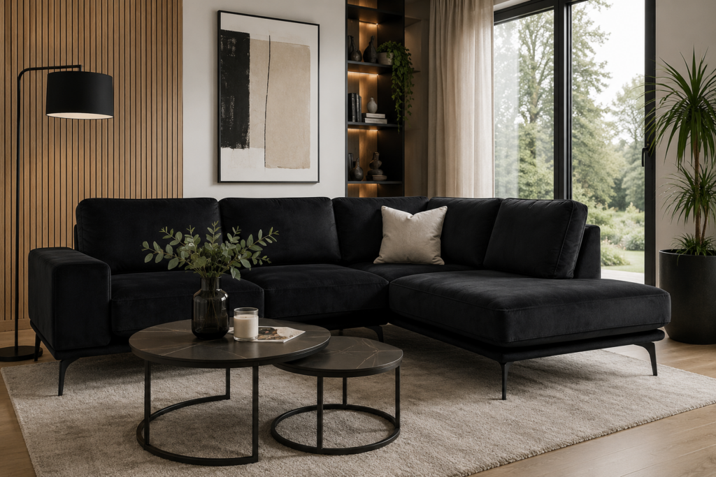 Czarny narożnik w nowoczesnym salonie z designerskimi stolikami kawowymi i dekoracyjną ścianą w salonie Mebel Lux Oświęcim
