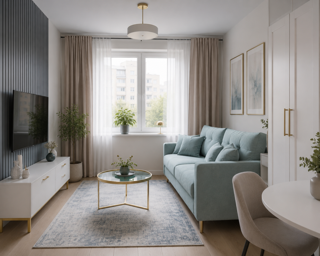 Stylowy salon w bloku z jasną sofą i nowoczesnymi meblami – inspiracja Mebel Lux Oświęcim