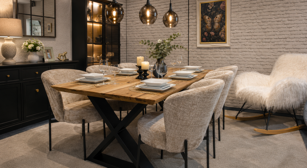 Elegancka jadalnia z drewnianym stołem i tapicerowanymi krzesłami w salonie meblowym MEBEL LUX Oświęcim