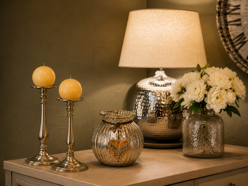 Eleganckie dodatki dekoracyjne do salonu – świece, lampa i kwiaty w aranżacji MEBEL LUX Oświęcim