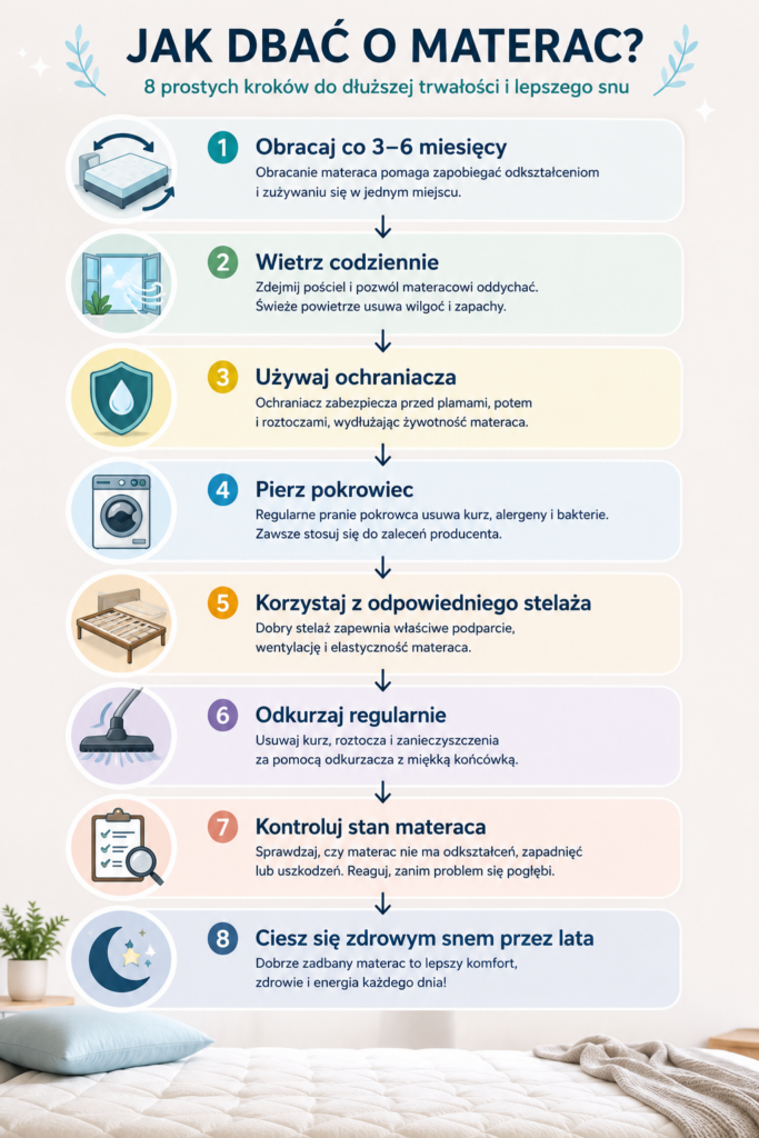 Infografika przedstawiająca 8 zasad dbania o materac – obracanie, wietrzenie, pranie pokrowca i pielęgnacja materaca | Mebel Lux Oświęcim