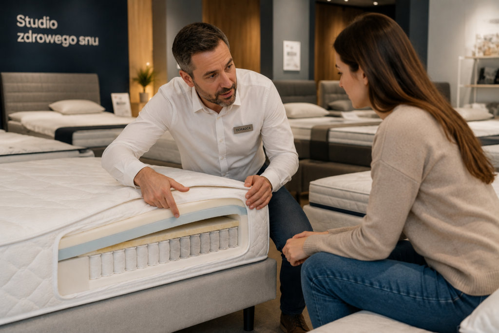 Kontrola stanu materaca i jego wnętrza w salonie Mebel Lux Oświęcim – doradca prezentuje budowę materaca klientce