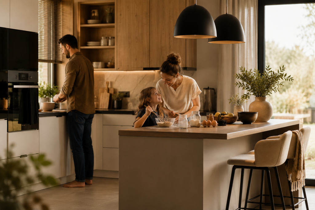 Nowoczesna kuchnia z wyspą – rodzinna aranżacja podczas wspólnego gotowania | Mebel Lux Oświęcim.