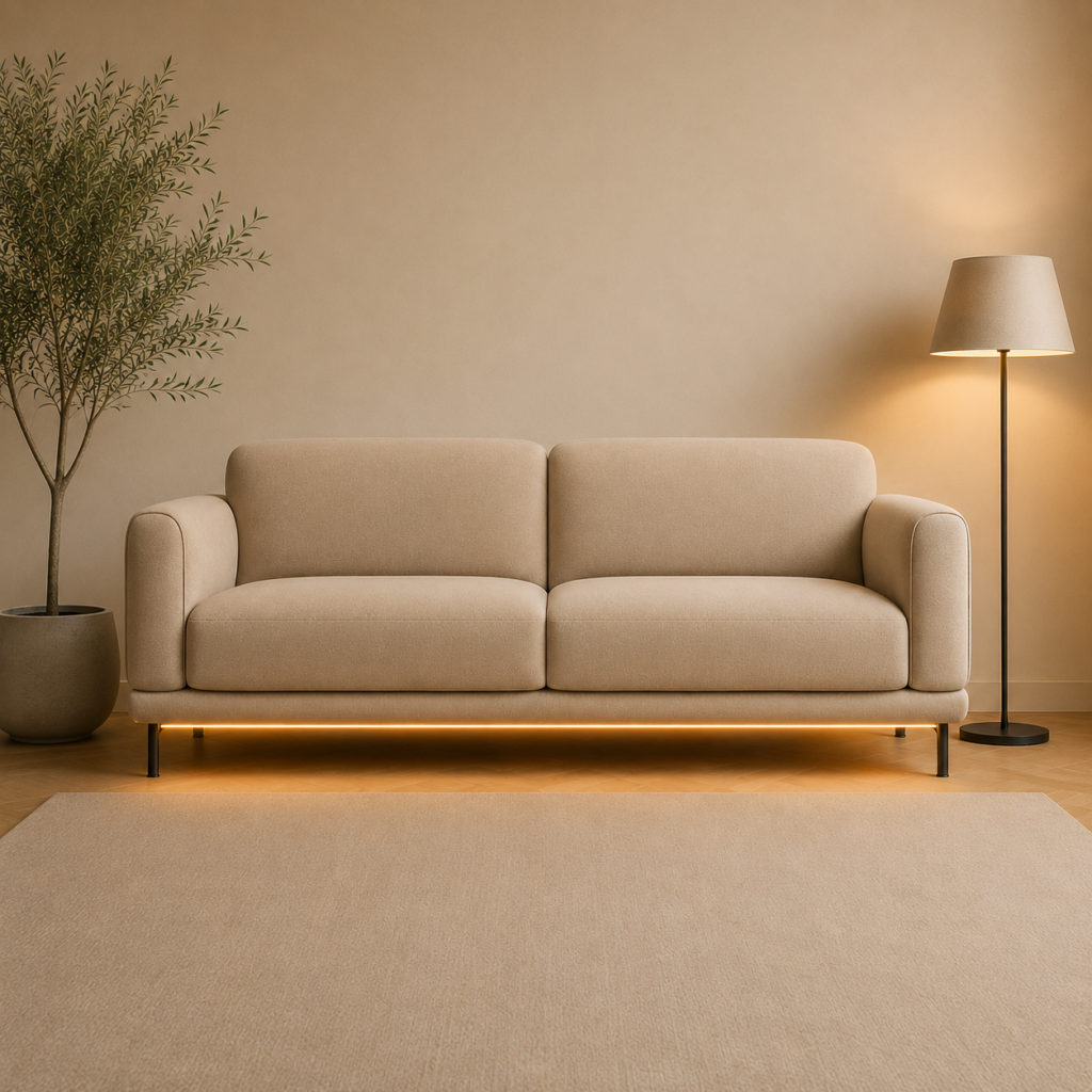 Salon meblowy MEBEL LUX Stylowe Wnętrza w Oświęcimiu – nowoczesna beżowa kanapa w eleganckim wnętrzu zapraszającym do kontaktu