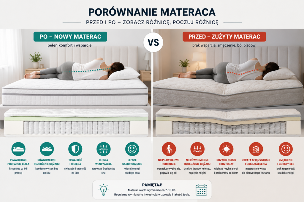 Infografika porównująca nowy i zużyty materac – kiedy wymienić materac, aby zadbać o zdrowy sen | Mebel Lux OświęcimInfografika porównująca nowy i zużyty materac – kiedy wymienić materac, aby zadbać o zdrowy sen | Mebel Lux Oświęcim