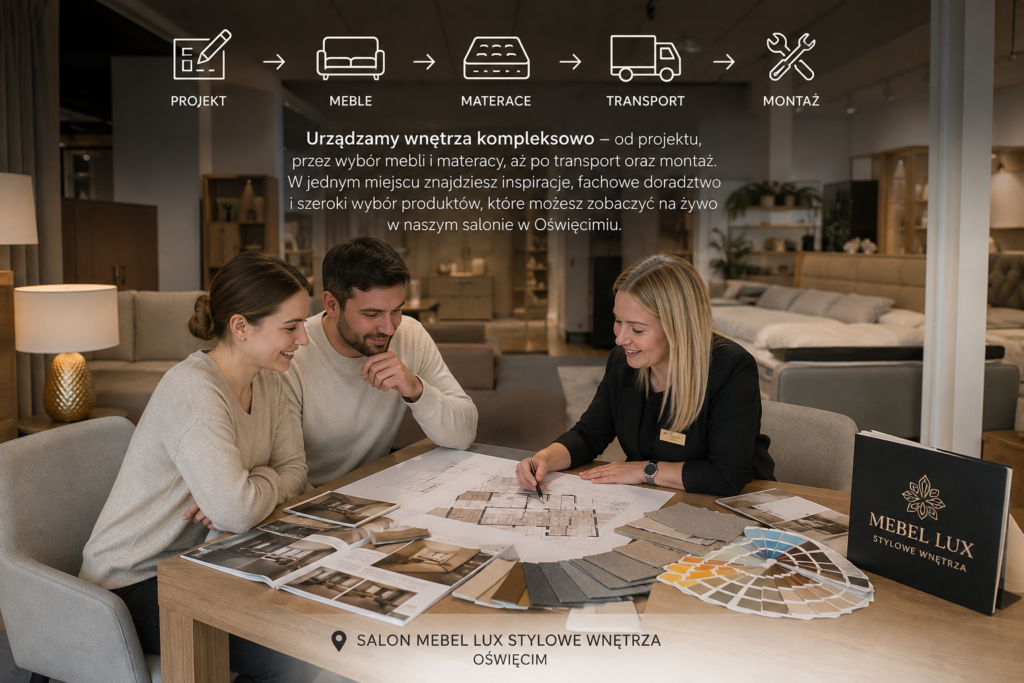 Kompleksowa obsługa wnętrz w salonie Mebel Lux Oświęcim – projektowanie, dobór mebli i materacy, transport oraz montaż.